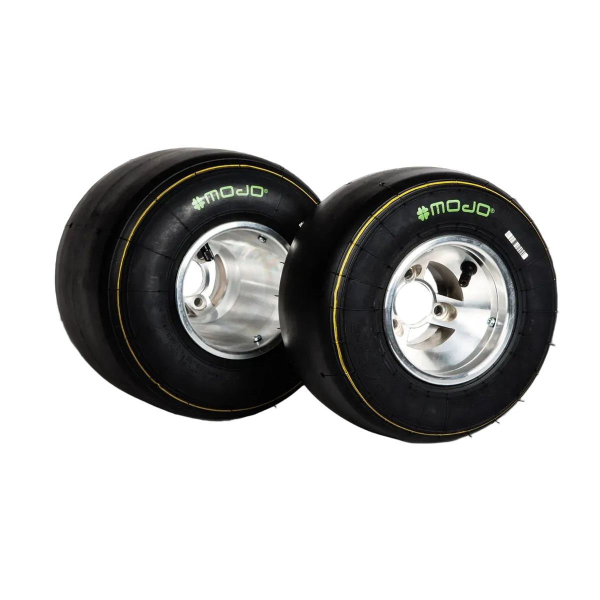 Two black racing slick tyres with visible branding on the sidewall, mounted on silver rims purposes only wheels.