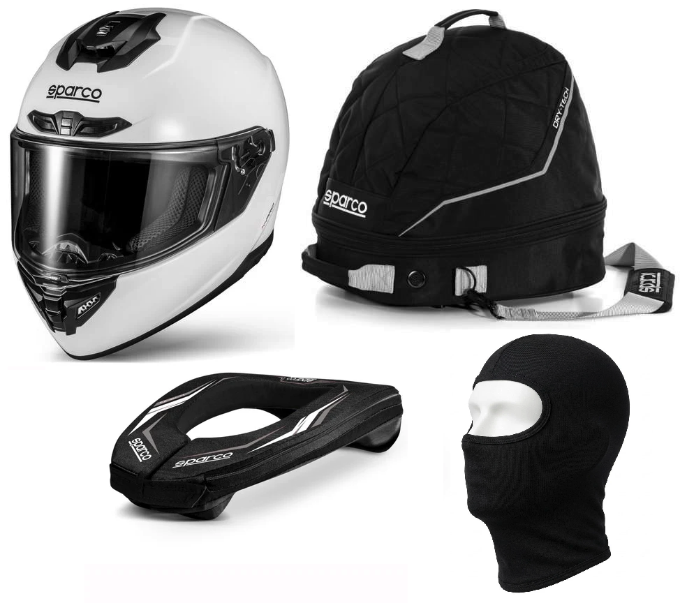 Sparco X-Pro Helmet, Neck Protection Support & Helmet Bag Bundle (FREE BALACLAVA)