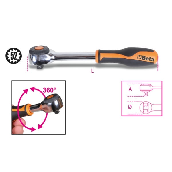 Beta 3/8" Drive Reversible Ratchet With Rotating Handle 52 Tooth Mechanism