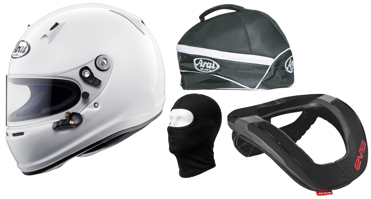 Adult Arai Sk-6 Helmet, Balaclava, Holdall & EVS Neck Brace Support Racewear Bundle