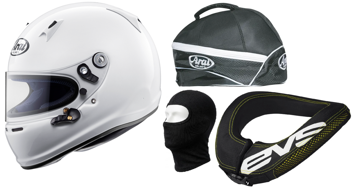 Adult Arai Sk-6 Helmet, Balaclava, Holdall & EVS R2 Neck Brace Support Racewear Bundle