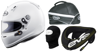 Adult Arai Sk-6 Helmet, Balaclava, Holdall & EVS R3 Neck Brace Support Racewear Bundle