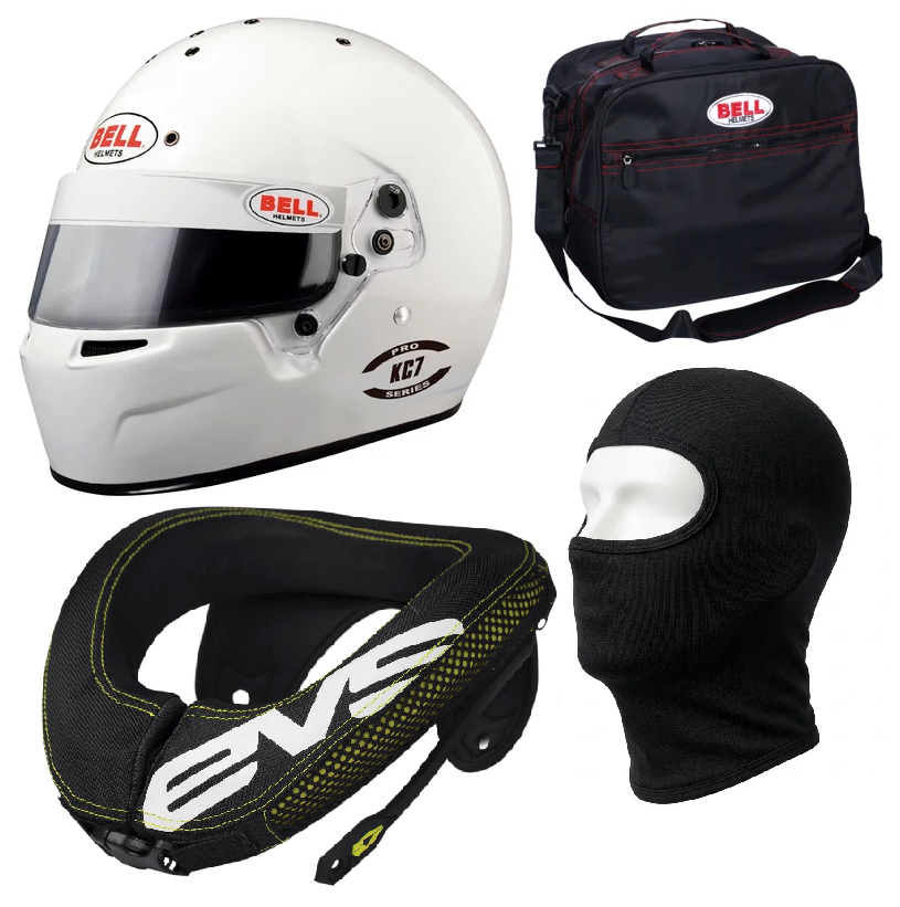 Bell KC7 Child Helmet, Balaclava, Bag & EVS R3 Neck Brace Support Racewear Bundle
