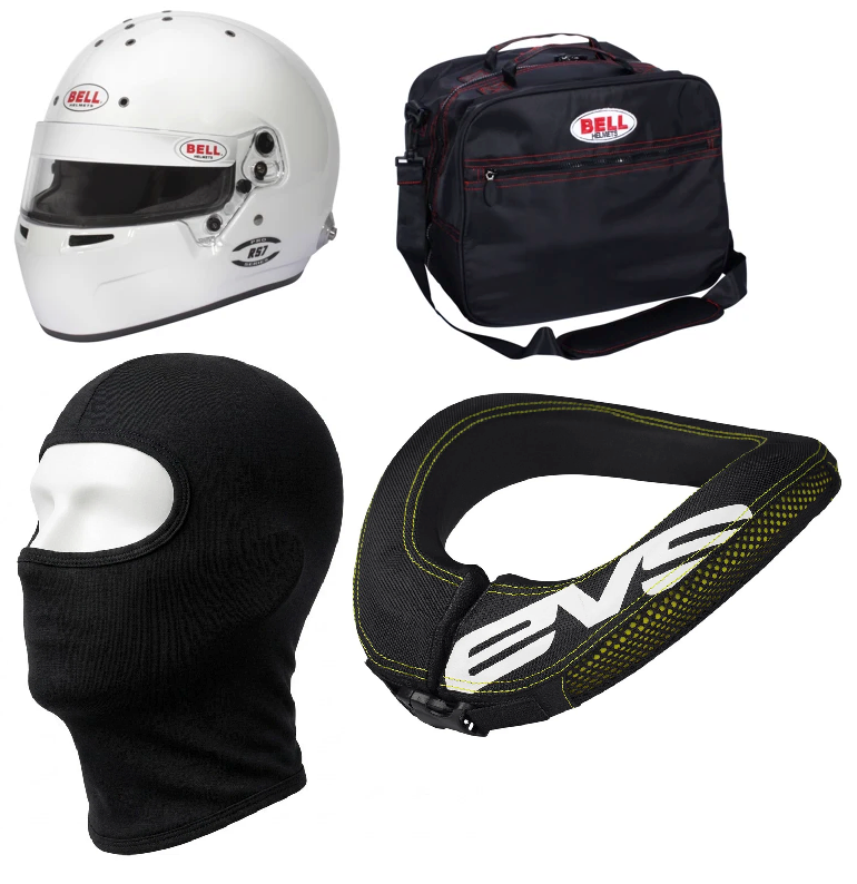 Bell RS7 Adult Helmet, Balaclava, Bag & EVS R2 Neck Brace Support Racewear Bundle