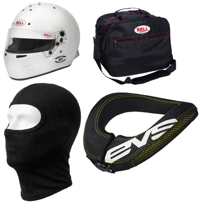Bell RS7 Adult Helmet, Balaclava, Bag & EVS R2 Neck Brace Support Racewear Bundle