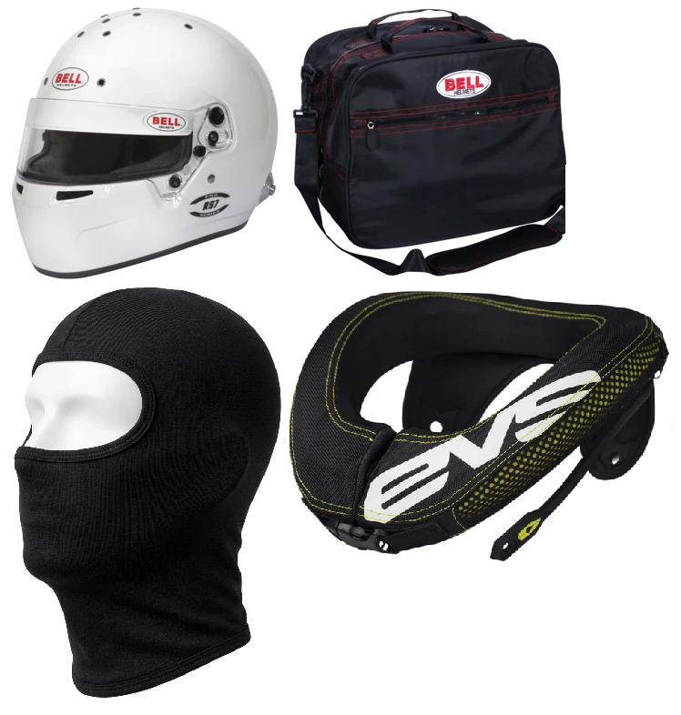 Bell RS7 Adult Helmet, Balaclava, Bag & EVS R3 Neck Brace Support Racewear Bundle