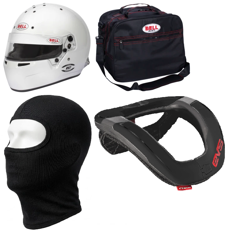 Bell RS7 Adult Helmet, Balaclava, Bag & EVS R4 Neck Brace Support Racewear Bundle