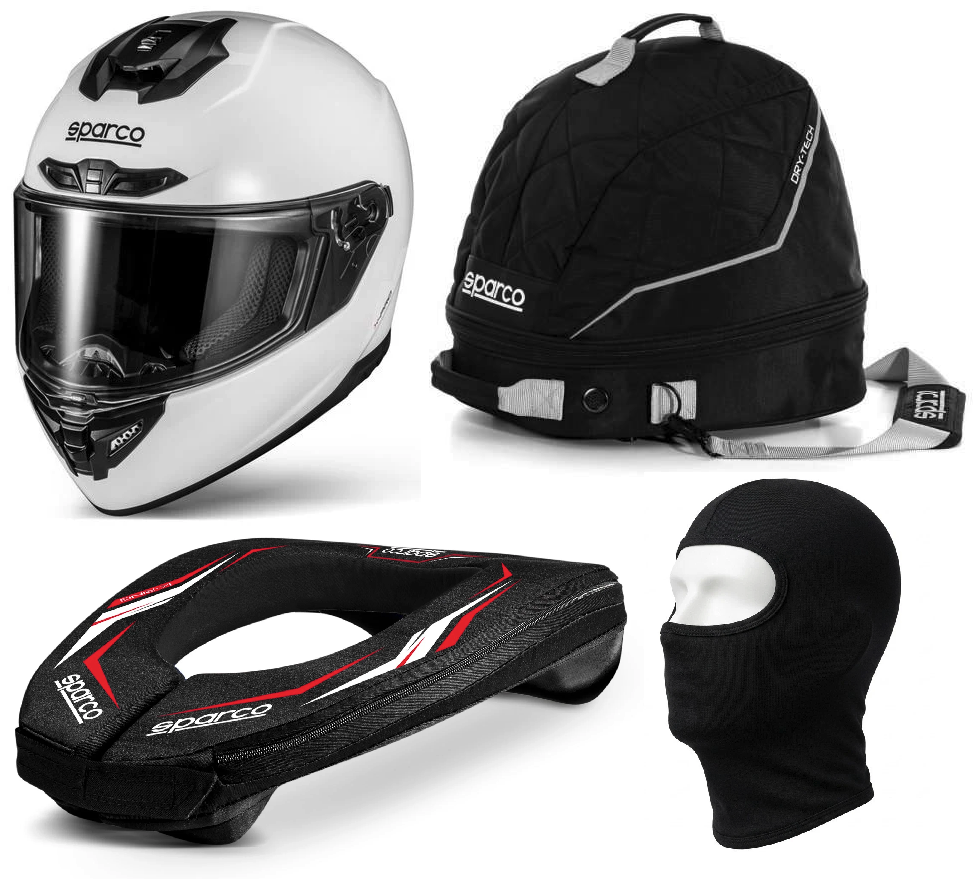 Sparco X-Pro Helmet, Neck Protection Support & Helmet Bag Bundle (FREE BALACLAVA)