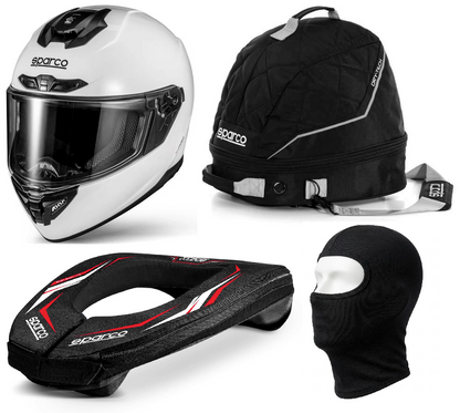 Sparco X-Pro Helmet, Neck Protection Support & Helmet Bag Bundle (FREE BALACLAVA)