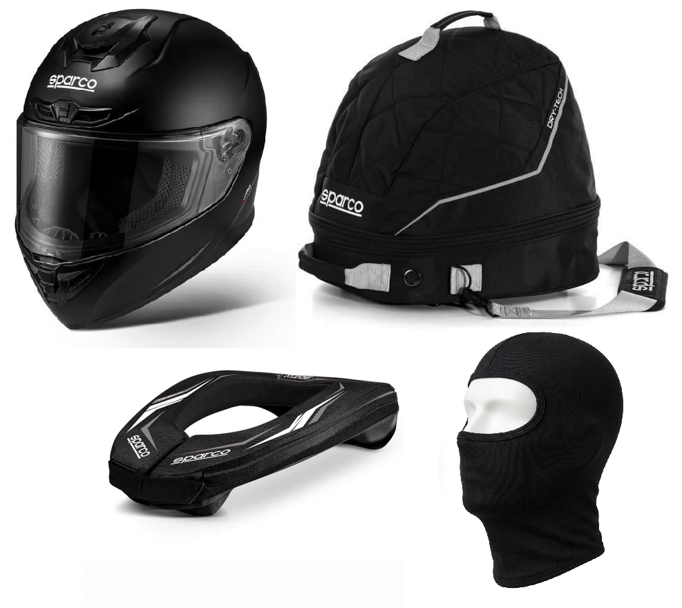 Sparco X-Pro Helmet, Neck Protection Support & Helmet Bag Bundle (FREE BALACLAVA)