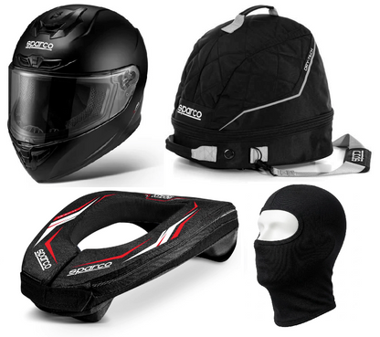 Sparco X-Pro Helmet, Neck Protection Support & Helmet Bag Bundle (FREE BALACLAVA)