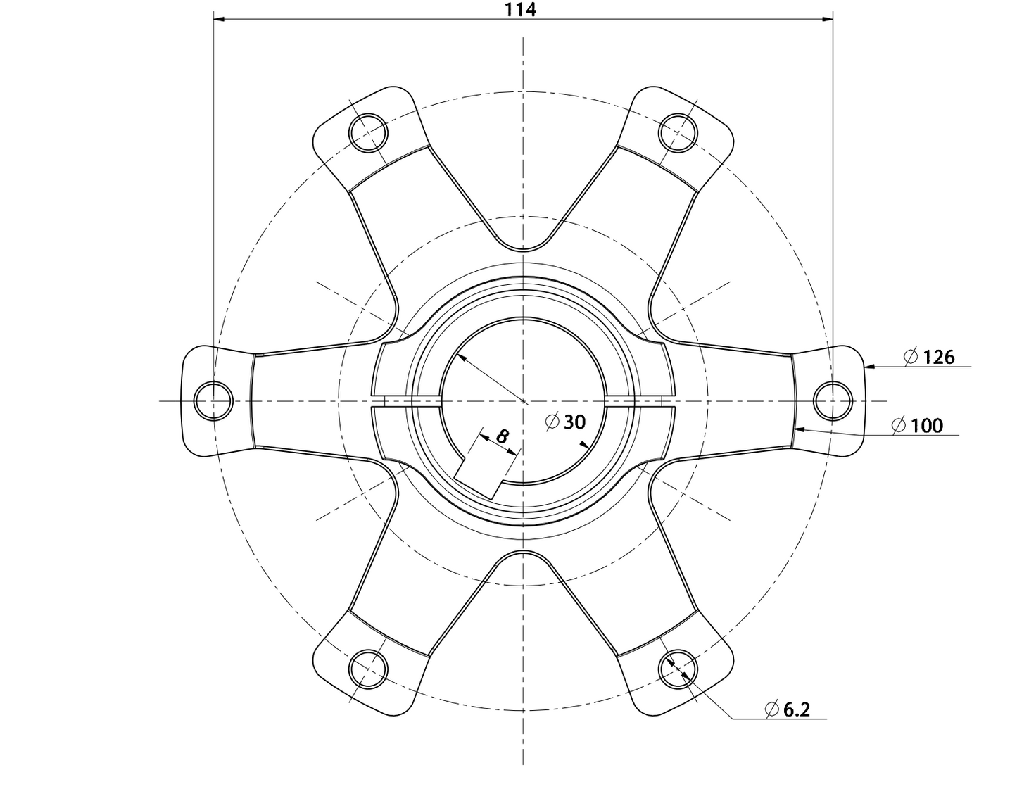 30mm Aluminium Brake Disc Hub, 6 Spokes, Black