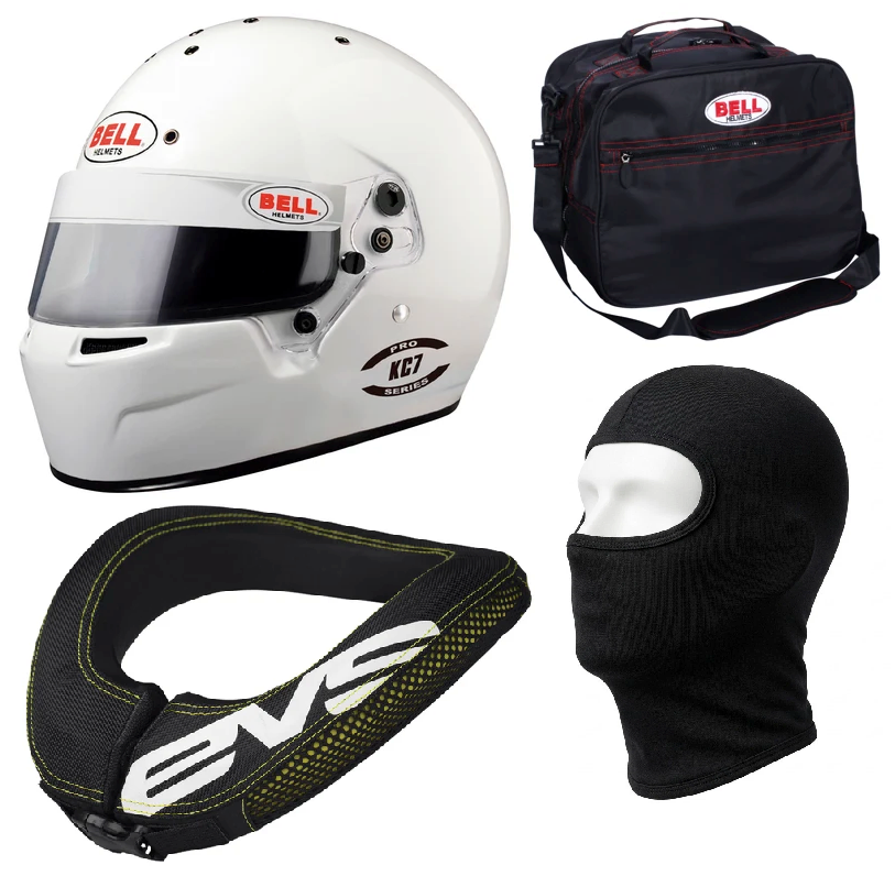Bell KC7 Child Helmet, Balaclava, Bag & EVS R2 Neck Brace Support Racewear Bundle