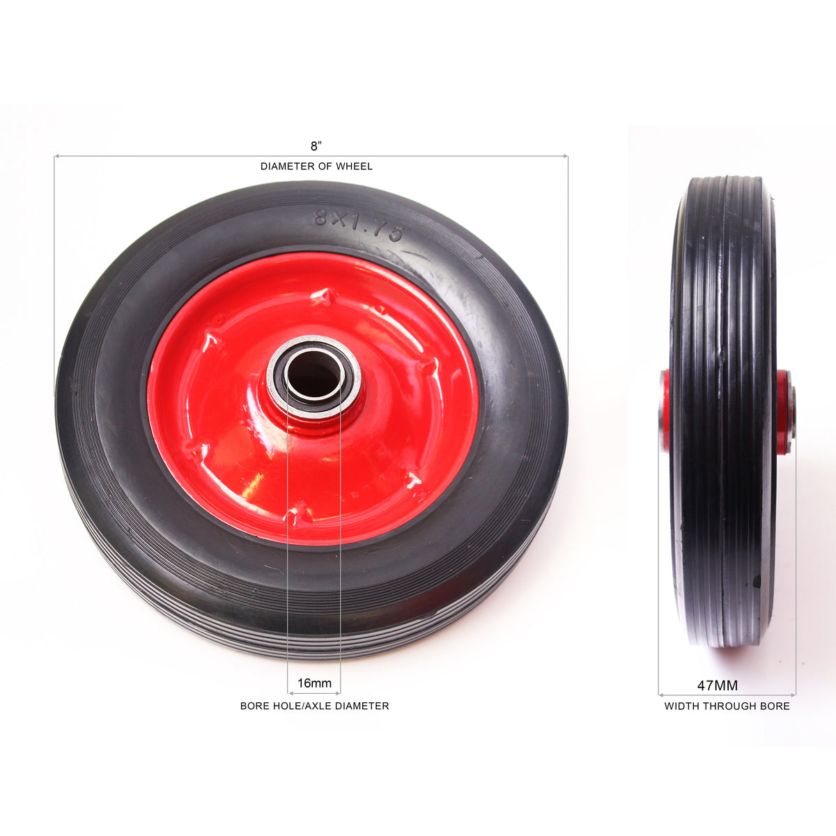 8" (200mm) Solid Rubber Red Wheel for 16mm Axle Shaft