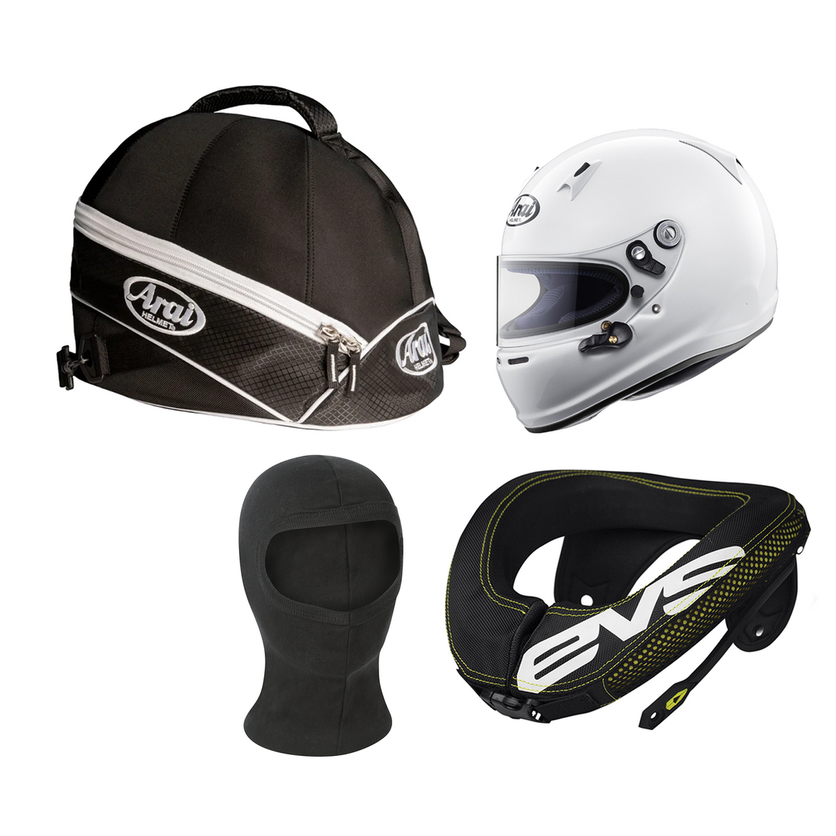 Adult Arai Sk-6 Helmet, Balaclava, Holdall & EVS R3 Neck Brace Support Racewear Bundle