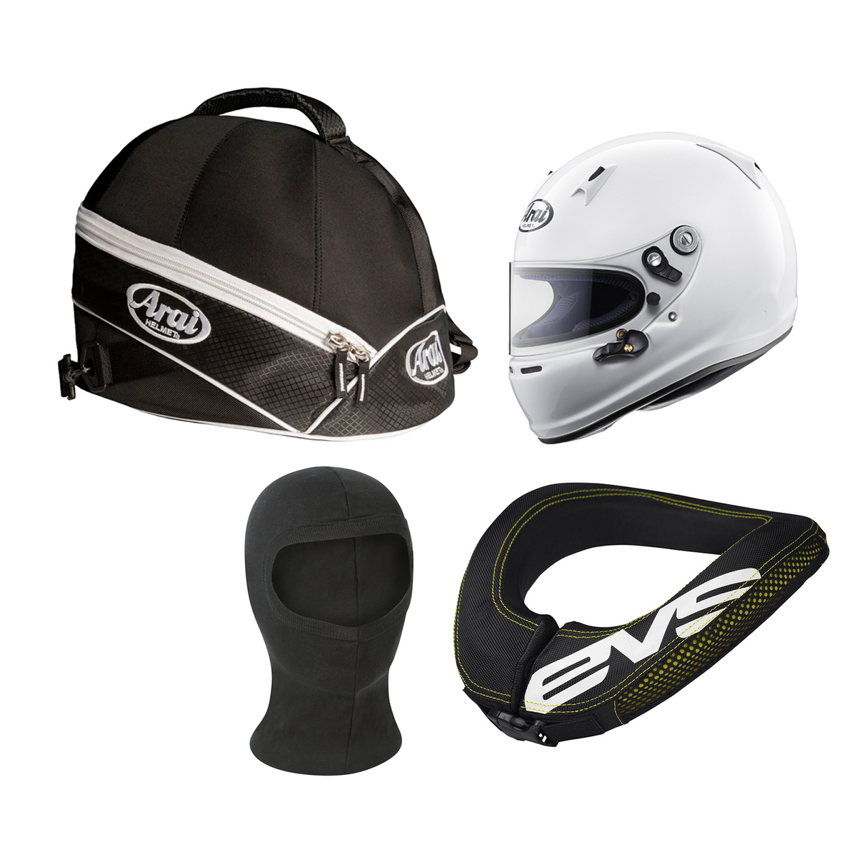 Adult Arai Sk-6 Helmet, Balaclava, Holdall & EVS R2 Neck Brace Support Racewear Bundle