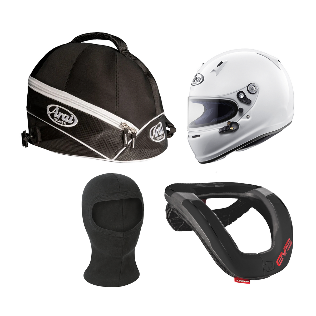 Adult Arai Sk-6 Helmet, Balaclava, Holdall & EVS Neck Brace Support Racewear Bundle