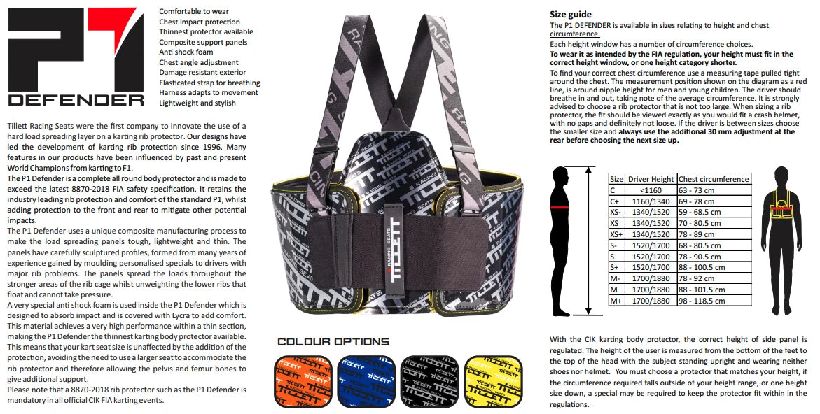 Tillett P1 Defender CIK FIK 8870 2018 Karting Body Protector EURO